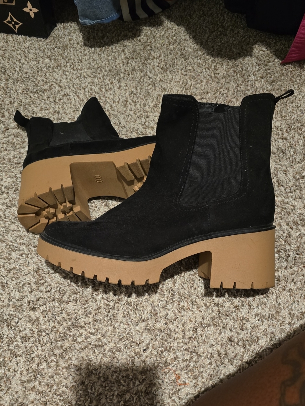 UNIVERSAL THREADBlack Suede Lug Sole Chelsea Boot with Tan Platform Heel